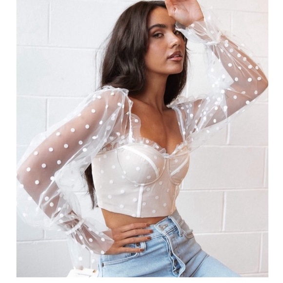 Hello Molly Sunset Polka Dot Mesh Sweetheart Corset Crop Top Preppy Beige 4 - Picture 2 of 12